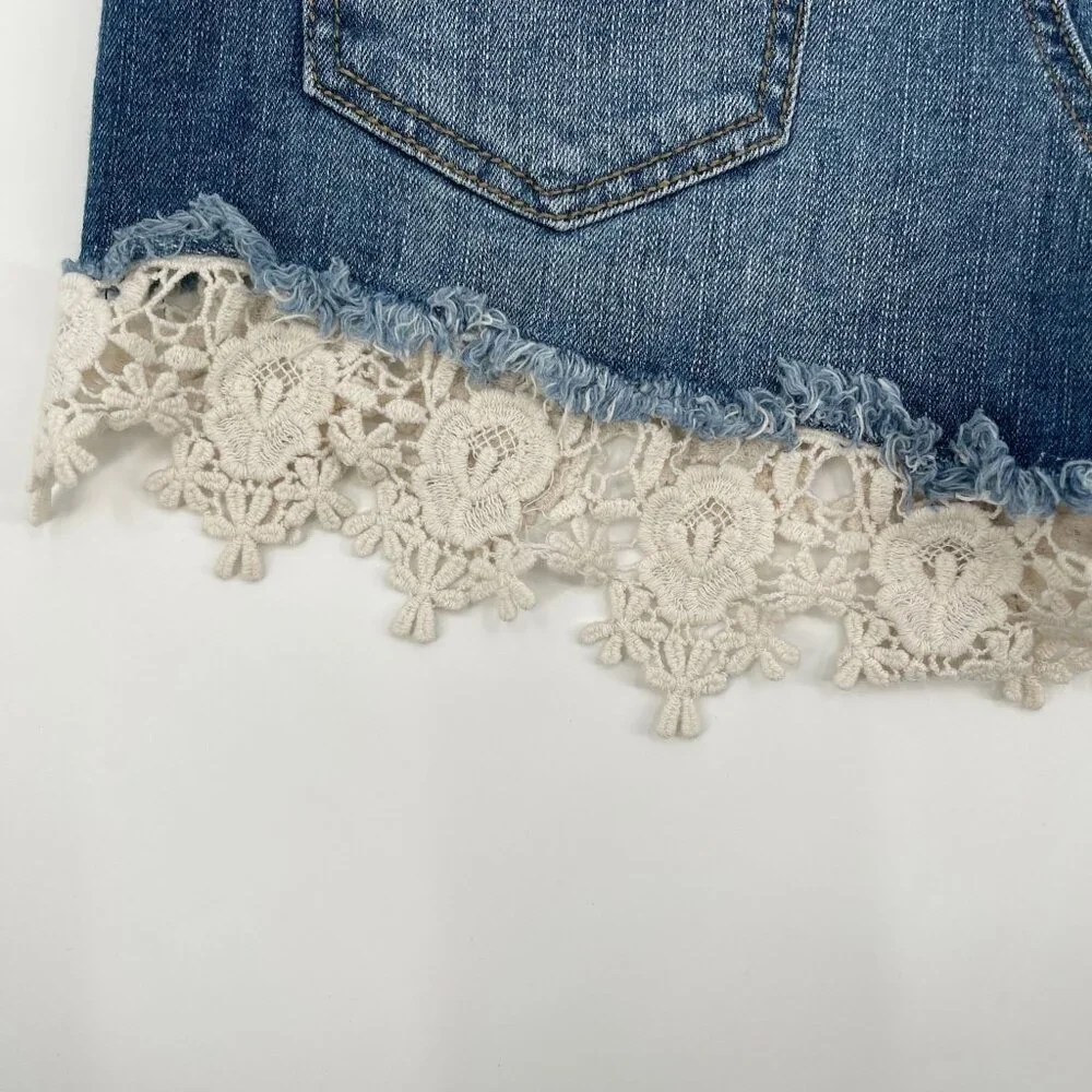 Altar'd State Lace Hem Distressed Medium Wash Denim Jean Shorts 26 - Picture 4 of 6
